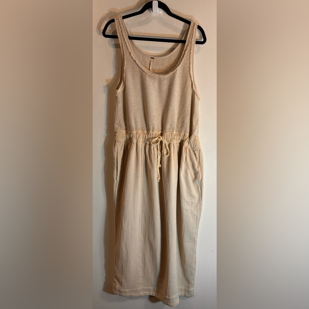 FREE PEOPLE Sz M Midi Dress Raw Edges Scoop Neck Drawstring Cotton Unlined NEW